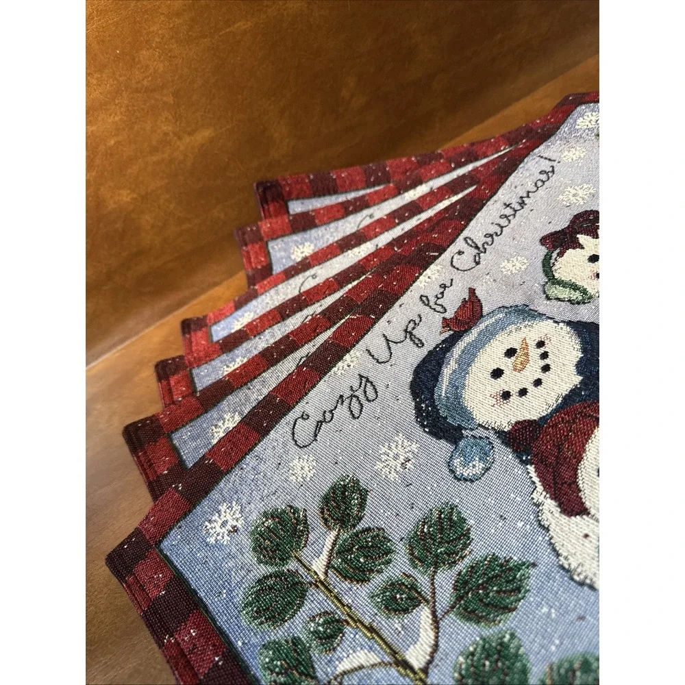 Christmas Winter Wonderland Tapestry Placemats Set of 6 Snowman Family& Cardinal